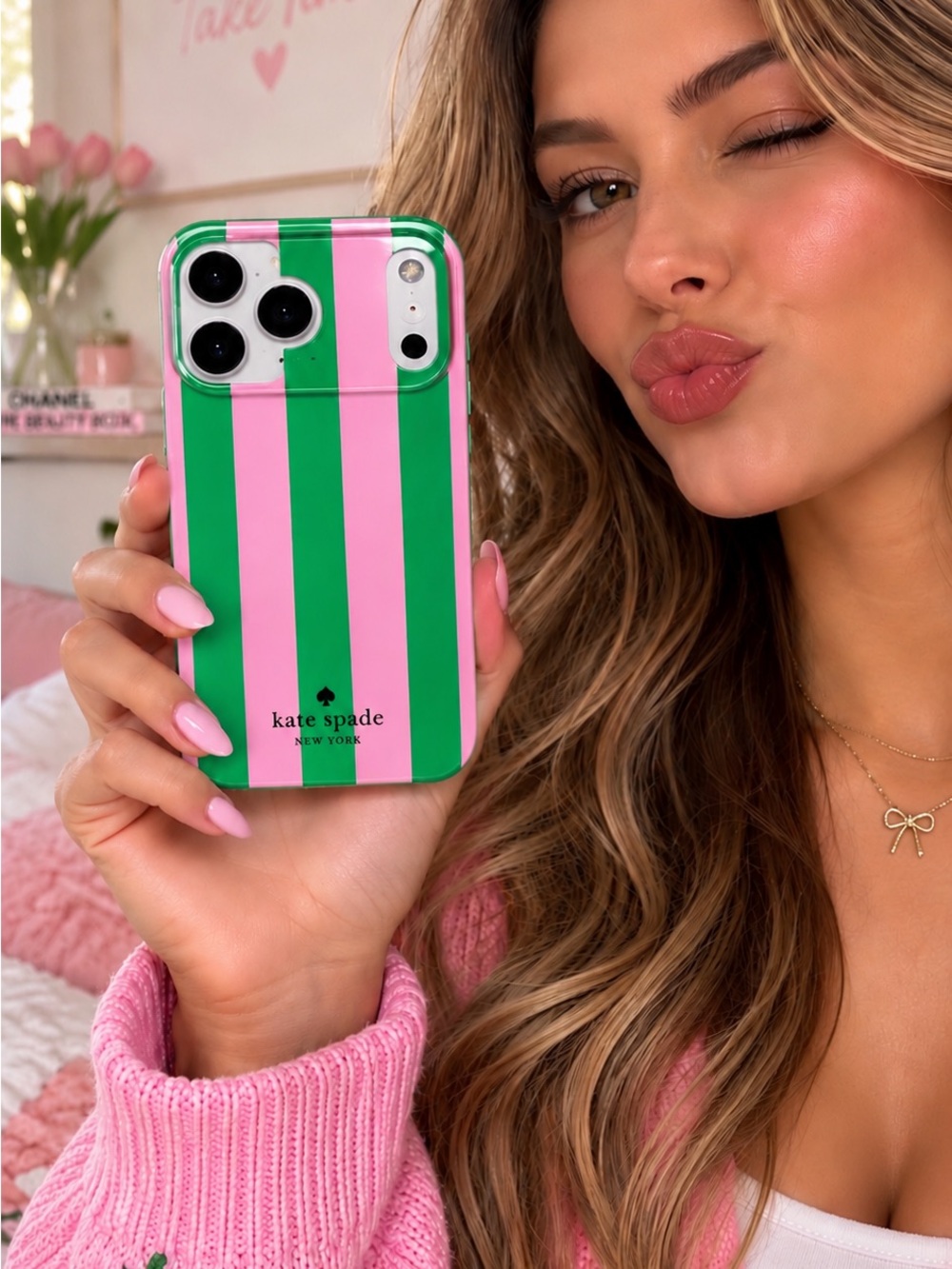 Kate Spade Pink & Green “Strawberry Matcha” Striped iPhone 17 Pro Max Phone Case